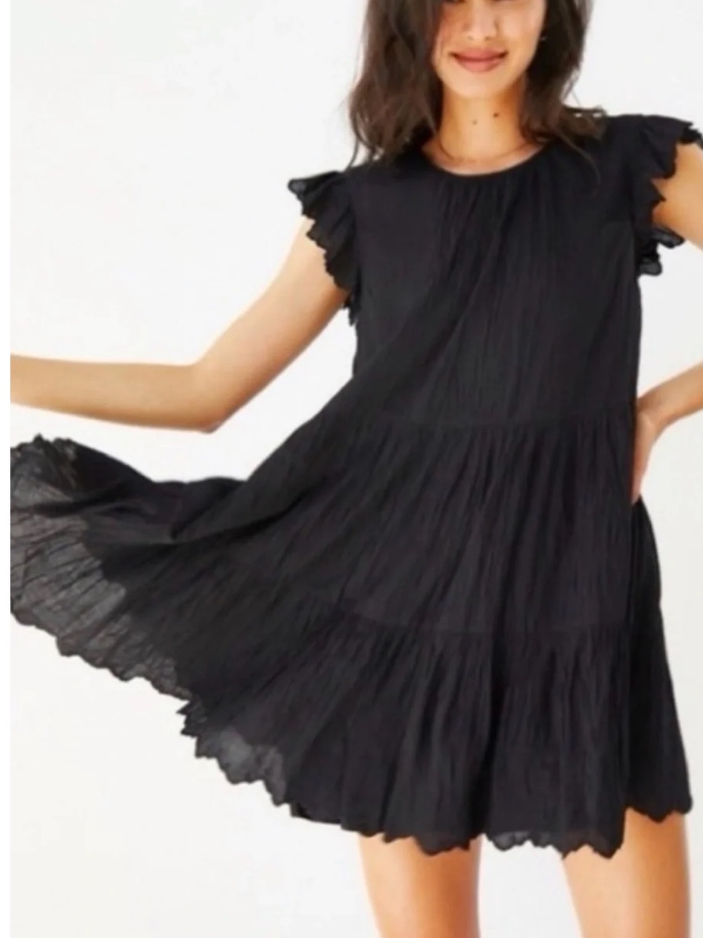 Wilfred (Aritzia) Black Ruffled Sleeve Scallop Tiered Mini Dress